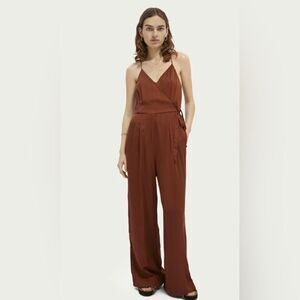 NEW SCOTCH & SODA Minimalist Wrap Jumpsuit copper cognac wide leg satin
